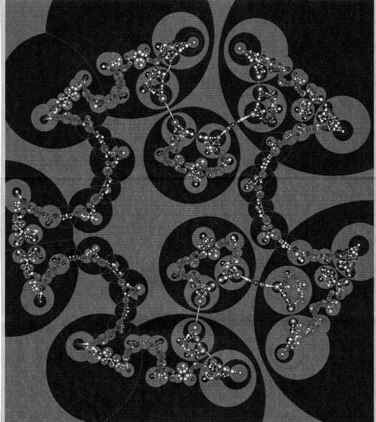 Fig.3. The faces of the polyhedra of the H3 tessellation lie on hemispheres placed on the circles. Every polyhedron also has two free faces at infinity, one in the interior, the other in the exterior of the Jordan curve (δ = 1.323), which are bounded by the same circles. The base circles and face-identifying mappings of the fundamental polyhedron F from which the tessellation originates (Section 3) are depicted in Figures 13 and 2. With this identification, F is topologically a thickened surface of genus five that inherits the metric of H3.
