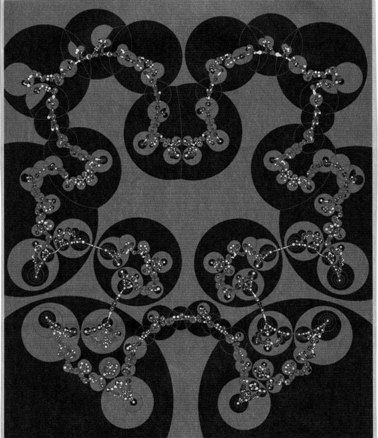 Fig. 4. The fundamental polyhedron of this tessellation is a continuous deformation of that in Figure 3; the induced metric gives again a manifold whose fibers are surfaces of genus five, but which is nonisometric to that in Figure 3. The Hausdorff dimension δ of the Jordan curve, the set of accumulation points of the tiling, gives the ground-state energy of the Schrödinger operator on the manifold. δ = 1.307.