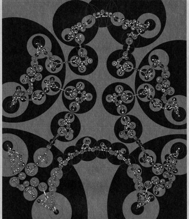 Fig. 6. As in Figure 3; the fibers are now surfaces of genus six corresponding to the identification pattern in Figures 5 and 12. Such tilings present simultaneous uniformizations of two Riemann surfaces (Bers, 1970), the boundary components of the manifold. δ = 1.312.