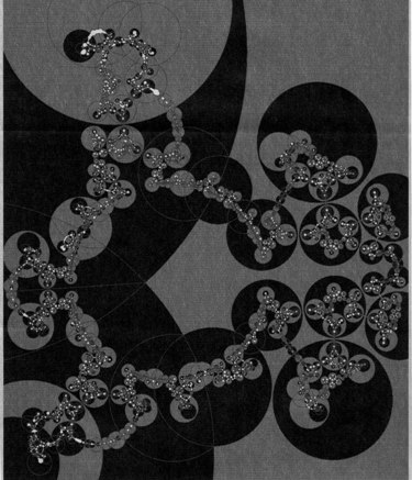 Fig. 8. Deformation spaces of hyperbolic manifolds are inhabited by many interesting species, their degree of differentiation depending on the genus of the fibers; here a tiling obtained by a deformation of the manifold in Figure 6. δ = 1.338.