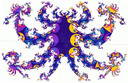 Figure 1. Tiling on the plane at infinity of the Poincaré half-space H3. A spacelike slice (F,Γ) is realized in H3 as a polyhedron F with a face-identification.15,16 The identifying transformations generate a discrete group Γ. This group Γ applied to the polyhedron gives a tessellation Γ(F) of H3 with polyhedral images. This tessellation induces a tiling on the boundary of H3. There is also a tiling exterior to the Jordan curve. Figures 1 and 2 stem from manifolds which are topologically equivalent but non-isometric (I × S, g(S) = 49, δ(Λ) = 1.5).