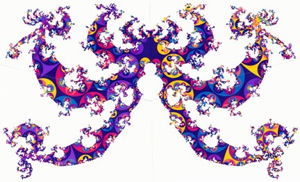 Fig. 1(b). The horizon at infinity of the Poincaré half-space H3, the universal covering space of the spacelike 3-sections of the extended RW cosmology. A spacelike slice (F,Γ) is realized in H3 as a polyhedron F with face-identification. The face-pairing transformations generate a discrete group Γ which gives, if applied to the polyhedron, a tessellation Γ(F) of H3 with polyhedral images. This tessellation induces by continuity also a tiling on the boundary of H3, which is depicted here (for three different slices), and which can easily be extended to three dimensions; the complete tiling of H3 is simply obtained by placing hemispheres onto the circular arcs. This polyhedral tiling of hyperbolic space H3 is the covering space construction for the RW geometry. So these two-dimensional tilings constitute a completely quantitative characterization of the three-dimensional spacelike slices.