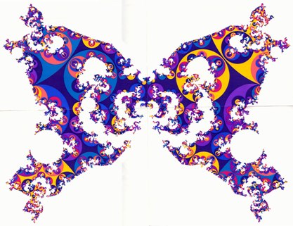 Fig. 1(c). The horizon at infinity of the Poincaré half-space H3, the universal covering space of the spacelike 3-sections of the extended RW cosmology. A spacelike slice (F,Γ) is realized in H3 as a polyhedron F with face-identification. The face-pairing transformations generate a discrete group Γ which gives, if applied to the polyhedron, a tessellation Γ(F) of H3 with polyhedral images. This tessellation induces by continuity also a tiling on the boundary of H3, which is depicted here (for three different slices), and which can easily be extended to three dimensions; the complete tiling of H3 is simply obtained by placing hemispheres onto the circular arcs. This polyhedral tiling of hyperbolic space H3 is the covering space construction for the RW geometry. So these two-dimensional tilings constitute a completely quantitative characterization of the three-dimensional spacelike slices.
