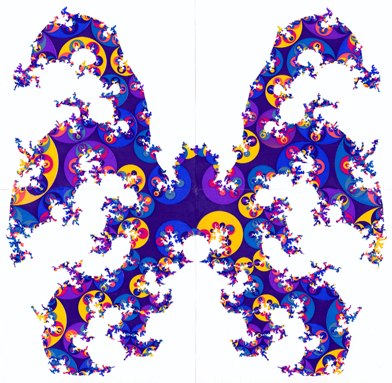 Fig. 1(a). The horizon at inﬁnity of the Poincaré half-space H3, the universal covering space of the spacelike three-sections of the extended RW cosmology. A spacelike slice (F,Γ) is realized in H3 as a polyhedron F with face-identiﬁcation. The face-pairing transformations generate a discrete group Γ which gives, if applied to the polyhedron, a tessellation Γ(F) of H3 with polyhedral images. This tessellation induces by continuity also a tiling on the boundary of H3, which is depicted here (for three different slices), and which can easily be extended to three dimensions; the complete tiling of H3 is simply obtained by placing hemispheres onto the circular arcs. This polyhedral tiling of hyperbolic space H3 is the covering space construction for the RW geometry. So these two-dimensional tilings constitute a completely quantitative characterization of the three-dimensional spacelike slices.