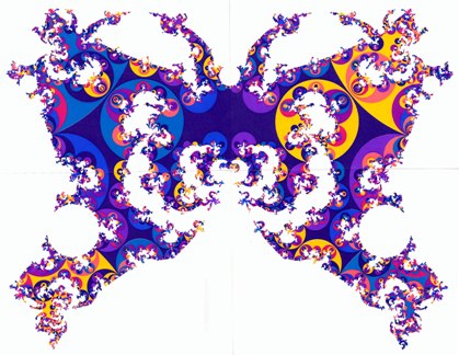 Fig. 1(b). The horizon at inﬁnity of the Poincaré half-space H3, the universal covering space of the spacelike three-sections of the extended RW cosmology. A spacelike slice (F,Γ) is realized in H3 as a polyhedron F with face-identiﬁcation. The face-pairing transformations generate a discrete group Γ which gives, if applied to the polyhedron, a tessellation Γ(F) of H3 with polyhedral images. This tessellation induces by continuity also a tiling on the boundary of H3, which is depicted here (for three different slices), and which can easily be extended to three dimensions; the complete tiling of H3 is simply obtained by placing hemispheres onto the circular arcs. This polyhedral tiling of hyperbolic space H3 is the covering space construction for the RW geometry. So these two-dimensional tilings constitute a completely quantitative characterization of the three-dimensional spacelike slices.