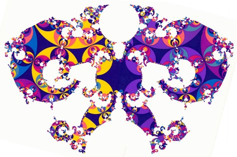 Fig. 1. The horizon at infinity of the Poincaré half-space H3. A spacelike slice (F,Γ) is realized in H3 as a polyhedron F with face-identification. The identifying transformations of F generate the covering group Γ which, applied to the polyhedron, gives a tessellation Γ(F) of H3 with polyhedral images. This tessellation induces by continuity also a tiling on the boundary of H3, that is depicted here. The qualitative structure of the singular set depends on Γ, for quasi-Fuchsian groups like here it is a Jordan curve, for Schottky groups a Cantor set, cf. Refs. 3 and 4. ((F,Γ) ~ I × S, S a Riemann surface, g(S) = 19, δ(Λ) = 1.45.) From the fractal limit set Λ(Γ), one can easily determine the chaotic or nearly chaotic trajectories, which shadow each other over long times. Their lifts have initial and end points in or close to Λ(Γ). Projecting them into the 3-space (F,Γ), one obtains the chaotic nucleus. Once the tiling is generated, it is easy to construct the covering projection, π(x): = γ-1(x), the point x lies in the tile γ(F). Likewise, a geodesic arc crossing a tile γ(F) is mapped by π via γ-1 into F.