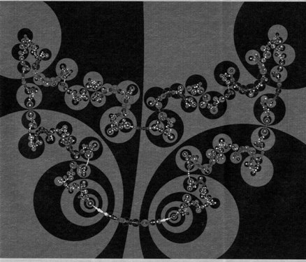 Figure 4: If we apply the discrete group Γ generated by the side-pairing mappings in figure 3(b) to the free polyhedral faces f1 and f2, we get a tiling of the interior Γ(f1) and the exterior Γ(f2) of the Jordan curve Λ(Γ). This curve itself emerges as the set of accumulation points of Γ-images (tiles) of f1 and f2. Λ(Γ) is the support of the Hausdorff measure in the integral representation of the wave function, and constitutes the set of initial and end points of lifts of bounded trajectories. Its Hausdorff dimension δ gives the ground state energy. For the calculation of δ from the tiling see [17]. δ = 1.277 ± 0.001.