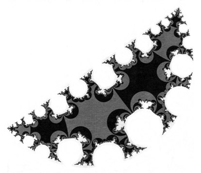 Figure 5: A tesselation corresponding to a manifold with fig. 3(b) as an identification pattern; we have drawn Γ(f1), the interior of the Jordan curve. Different realizations (figures 4 and 5) of the same pattern lead to non-isometric manifolds and different limit sets. These fractal limit sets on the boundary of the universal covering space completely determine both the bounded trajectories and the ground state wave function. δ = 1.289.