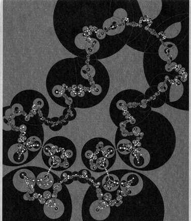 Figure 6: Same as figure 4, but for the pattern in figure 3(a). A quasiconformal, quasi-isometric deformation ω of the unit disk (see section 3) gives rise to this embryonic shape, whose boundary is quasi-self-similar [1]: homothetically magnifying an arbitrarily small piece of the curve, we observe similar shapes (in the sense of a quasi-isometry) as we do on the scale of the whole figure. δ = 1.300.