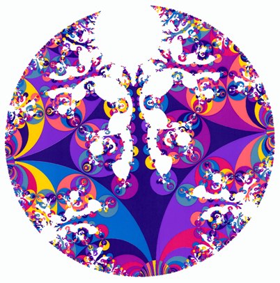 Fig. 2a. The horizon at inﬁnity of the Poincaré half-space H3. A spacelike slice (F,Γ) is realized in H3 as a polyhedron F with face-identiﬁcation. The face-pairing transformations generate a discrete group Γ which gives, if applied to the polyhedron, a tessellation Γ(F) of H3 with polyhedral images. This tessellation induces by continuity a tiling on the boundary of H3 which is depicted here. The qualitative structure of the fractal limit set Λ(Γ) depends on the topology of the 3-slices, which is in turn determined by the covering group. For quasi-Fuchsian groups [26] like here, the limit set is a Jordan curve (not self-similar). In all three examples, the 3-space fibers over an open interval, with Riemann surfaces (g = 19) as fibers. The depicted tilings correspond to 3-slices which are globally non-isometric, but have the same topology and curvature. They make deformations as schematized in Fig. 1(a–c) quantitative. For example, the polyhedral tiling of H3 is obtained by placing hemispheres onto the circular arcs. The colors label generations in the tiling procedure [34]. The chaotic trajectories in the 3-space have covering trajectories with initial and terminal points in Λ(Γ). If the end points are not in Λ(Γ) but close to it, then the trajectory is regular, but it can shadow a chaotic trajectory over a long time. The convex hull C(Λ) of Λ(Γ) is the intersection of all hyperbolic half-spaces which contain Λ(Γ). Projected into (F,Γ), it constitutes the center C(Λ)\Γ of the 3-space, see Ref. [29] for an explicit example of this projection.