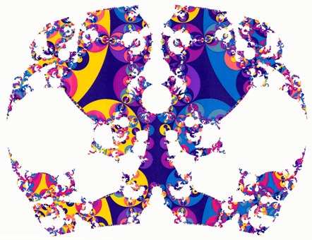 Fig. 2b. The horizon at inﬁnity of the Poincaré half-space H3. A spacelike slice (F,Γ) is realized in H3 as a polyhedron F with face-identiﬁcation. The face-pairing transformations generate a discrete group Γ which gives, if applied to the polyhedron, a tessellation Γ(F) of H3 with polyhedral images. This tessellation induces by continuity a tiling on the boundary of H3 which is depicted here. The qualitative structure of the fractal limit set Λ(Γ) depends on the topology of the 3-slices, which is in turn determined by the covering group. For quasi-Fuchsian groups [26] like here, the limit set is a Jordan curve (not self-similar). In all three examples, the 3-space fibers over an open interval, with Riemann surfaces (g = 19) as fibers. The depicted tilings correspond to 3-slices which are globally non-isometric, but have the same topology and curvature. They make deformations as schematized in Fig. 1(a–c) quantitative. For example, the polyhedral tiling of H3 is obtained by placing hemispheres onto the circular arcs. The colors label generations in the tiling procedure [34]. The chaotic trajectories in the 3-space have covering trajectories with initial and terminal points in Λ(Γ). If the end points are not in Λ(Γ) but close to it, then the trajectory is regular, but it can shadow a chaotic trajectory over a long time. The convex hull C(Λ) of Λ(Γ) is the intersection of all hyperbolic half-spaces which contain Λ(Γ). Projected into (F,Γ), it constitutes the center C(Λ)\Γ of the 3-space, see Ref. [29] for an explicit example of this projection.