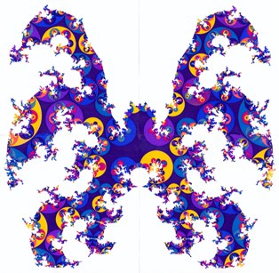 Fig. 2a. The horizon at infinity of the Poincaré half-space H3. A spacelike slice (F,Γ) is realized in H3 as a polyhedron F with face-identification. The identifying transformations generate a discrete group Γ which, applied to the polyhedron, gives a tessellation Γ(F) of H3 with polyhedral images. This tessellation induces by continuity also a tiling on the boundary of H3, which is depicted here. The qualitative structure of the singular set depends on the covering group Γ, for quasi-Fuchsian groups like here it is a Jordan curve, for Schottky groups a Cantor set, cf. Refs. 7 and 8. The spacelike slices can undergo global metrical deformations. The depicted tilings correspond to 3-slices that are non-isometric, but have the same topology ((F,Γ) ~ I × S, S a Riemann surface, g(S) = 19, δ(Λ) = 1.6) and curvature. These tilings make deformations as schematized in Fig. 1 quantitative. One can easily determine from them the chaotic or nearly chaotic trajectories, which shadow each other over long times. Their lifts have initial and end points in or close to the singular set, cf. Ref. 10. Projecting them into the manifold, one obtains the chaotic nucleus.