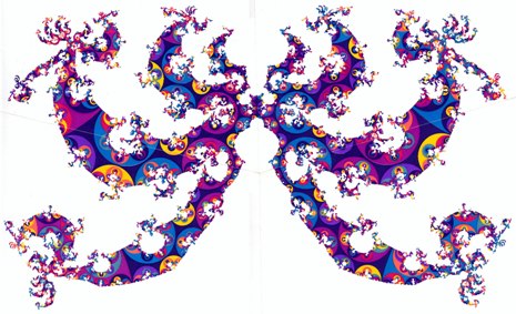 Fig. 1. The horizon at inﬁnity of the Poincaré half-space H3, the covering space of the spacelike slices (F,Γ). The polyhedral tiling Γ(F) of H3 induces a tiling at infinity which is depicted here. From the fractal limit set Λ(Γ), one can easily determine the chaotic or nearly chaotic trajectories, which shadow each other over long times. Their lifts have initial and end points in or close to Λ(Γ). Projecting them into the 3-space (F,Γ), one obtains the chaotic nucleus.